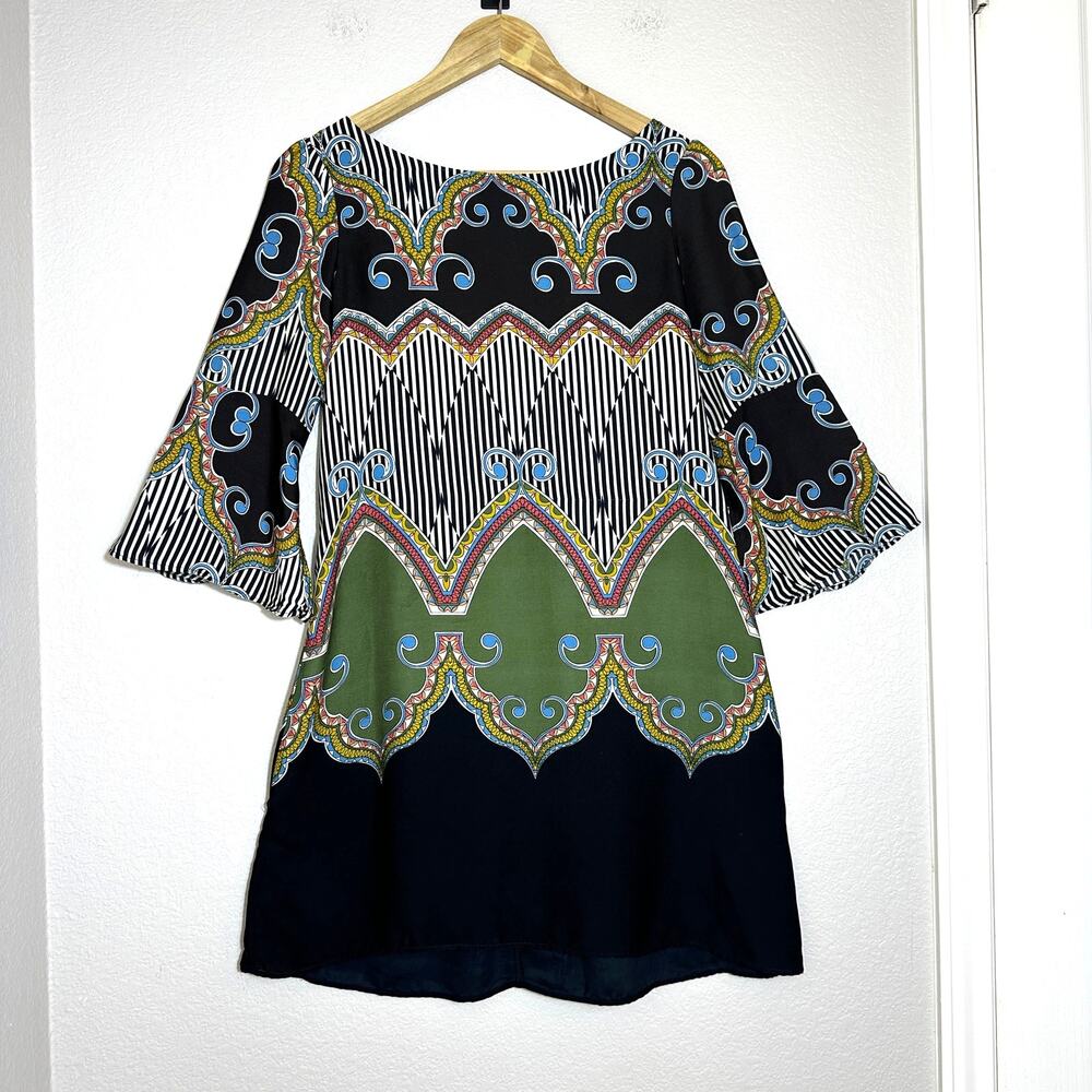 Farm Rio Silky Shift Mini Dress, 3/4 Bell Sleeves, Low Back, Boho Chic, 60's,